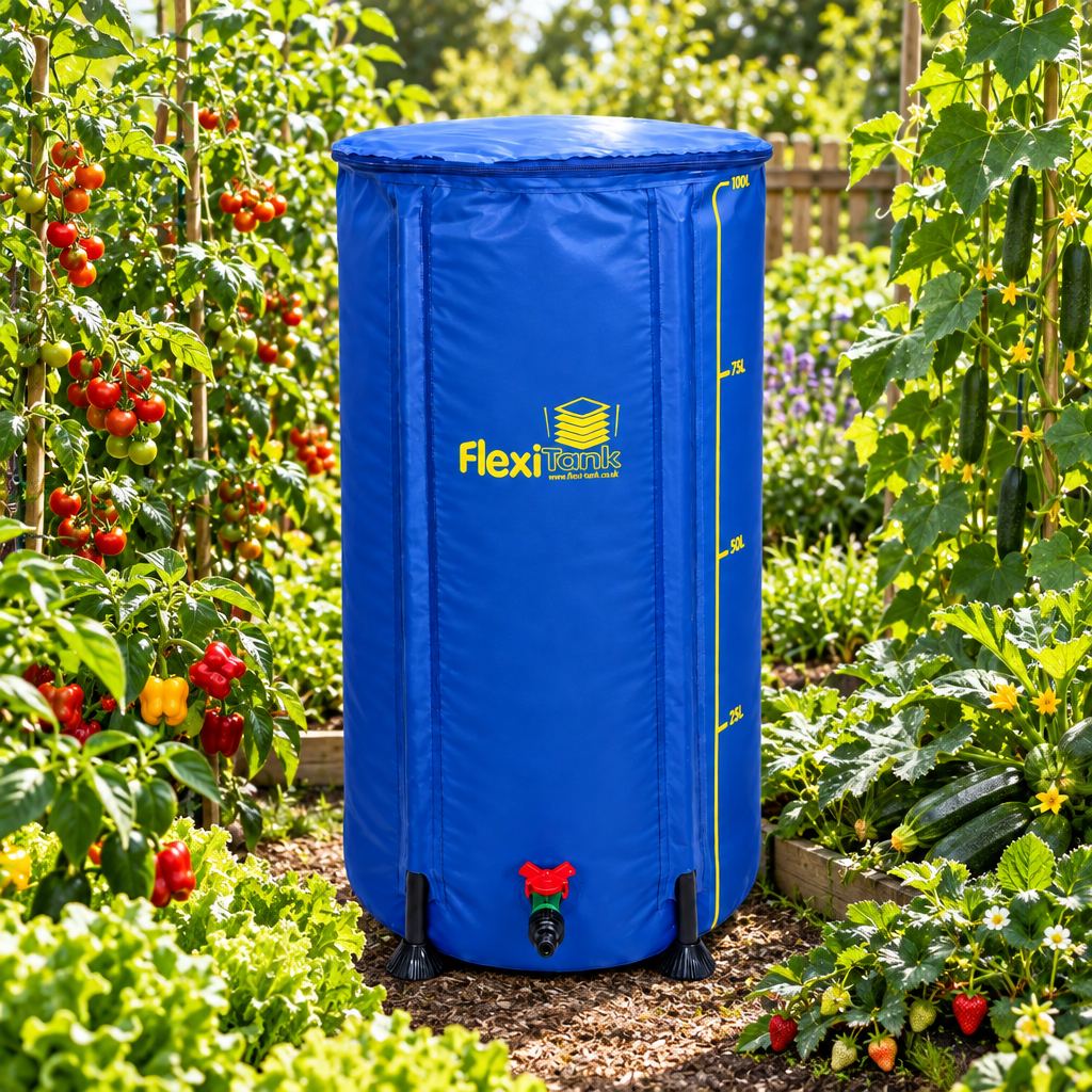 A blue FlexiGrow flexible rain barrel cover with yellow branding and measurement markings, shown in a lush garden setting with tomato and cucumber plants.