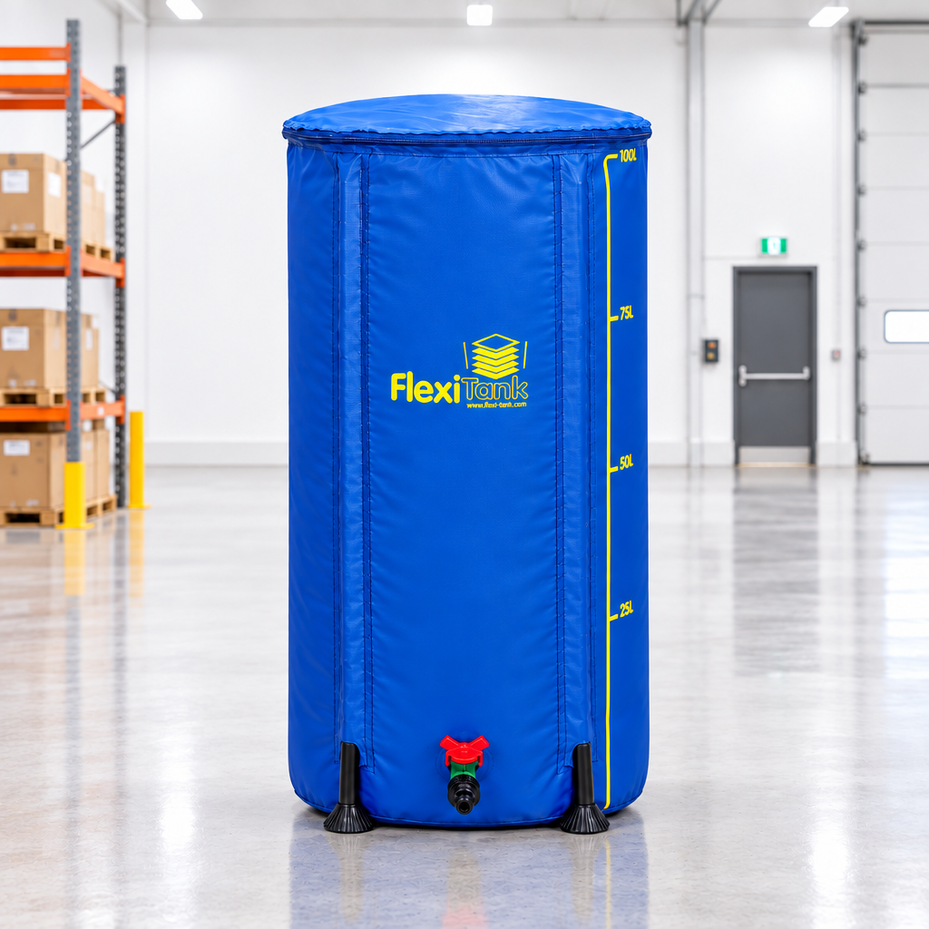 A blue Flexi Tank water storage tank with yellow measurement markings and the Flexi Tank logo, photographed in a warehouse setting with a polished floor and shelving in the background.