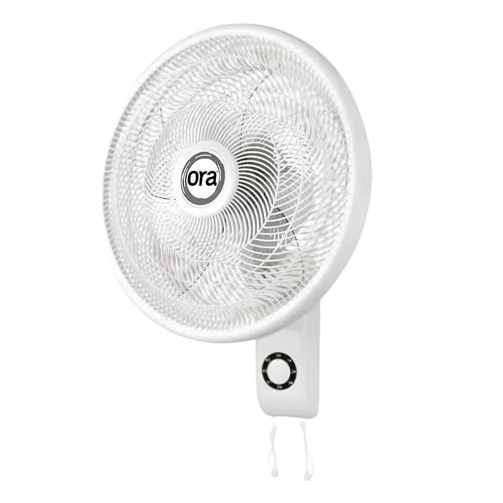 White wall-mounted fan with 'ora' branding on a white background