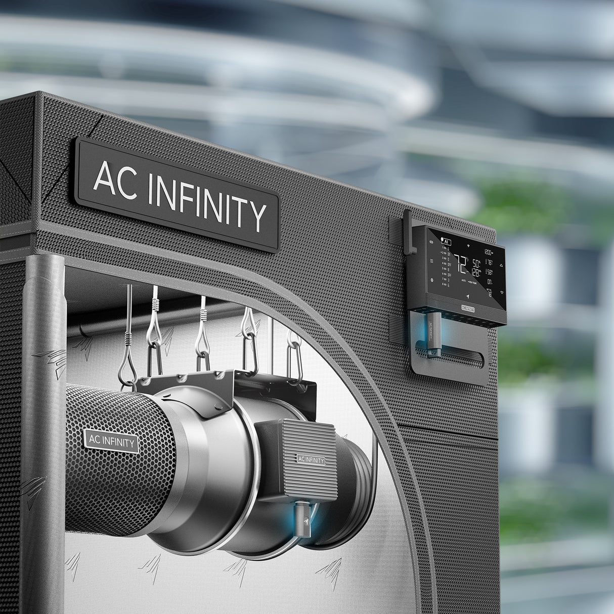 AC Infinity air conditioning unit with a blurred indoor background