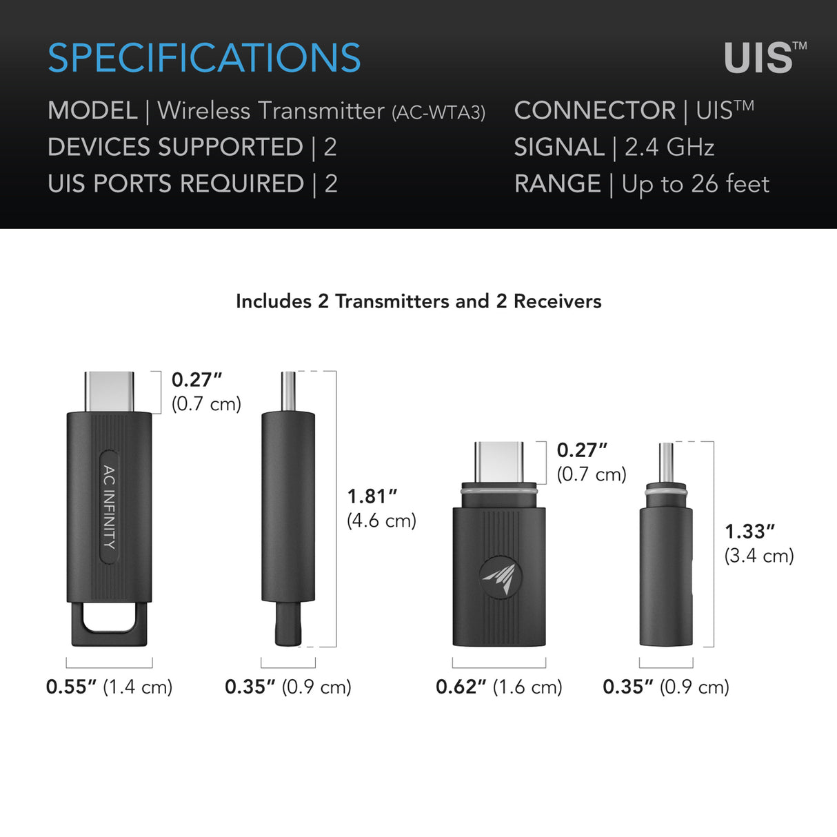 Technical specifications and features of a wireless transmitter with dimensions and connectors.