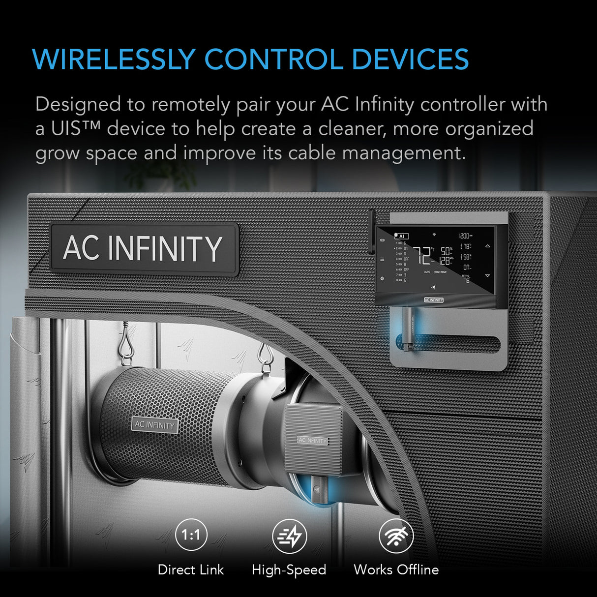 AC Infinity controller with wireless control capabilities on a dark background