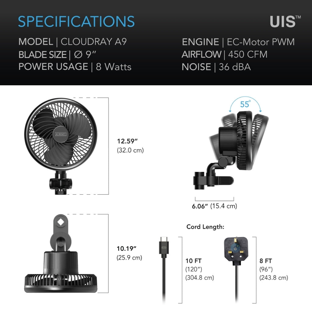 AC Infinity Cloudray A9 Clip On Fan 9" (Gen2) Twin Pack