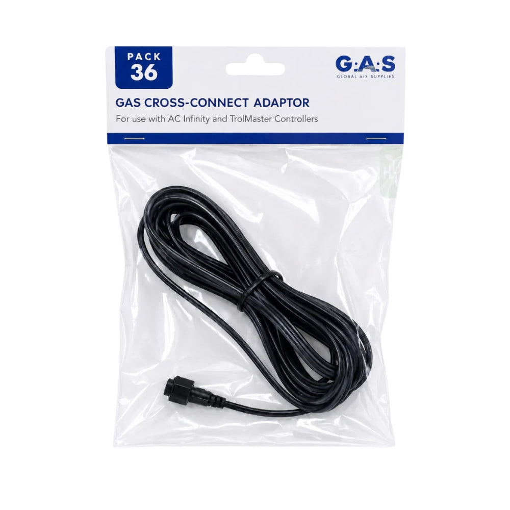 Pack 36 gas cross-connect adaptors in a clear plastic bag with a white and blue header card. The product is a coiled black cable with connector ends visible.