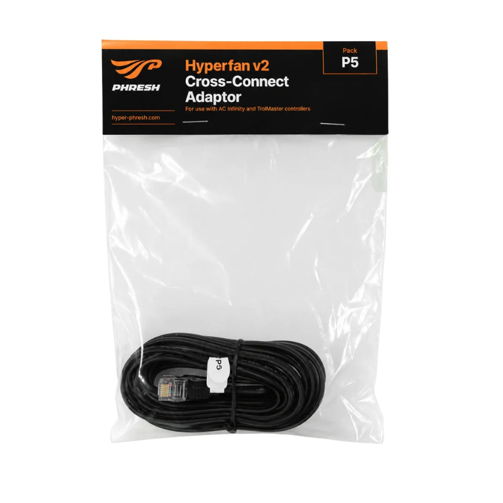 Phresh Hyperfan v2 Cross-Connect Adapter in retail packaging, containing a black multi-core cable coiled inside a clear plastic bag with a black and orange header card.