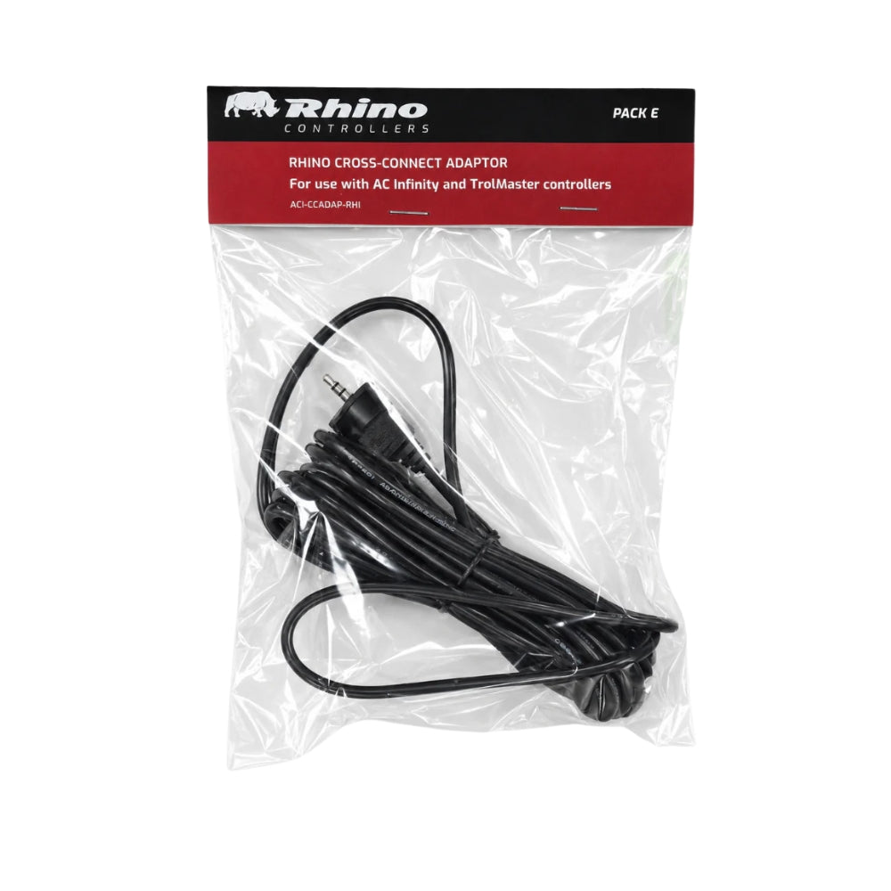 A packaged black Rhino Controllers cross-connect adapter cable in a clear plastic bag with a black and red header card.