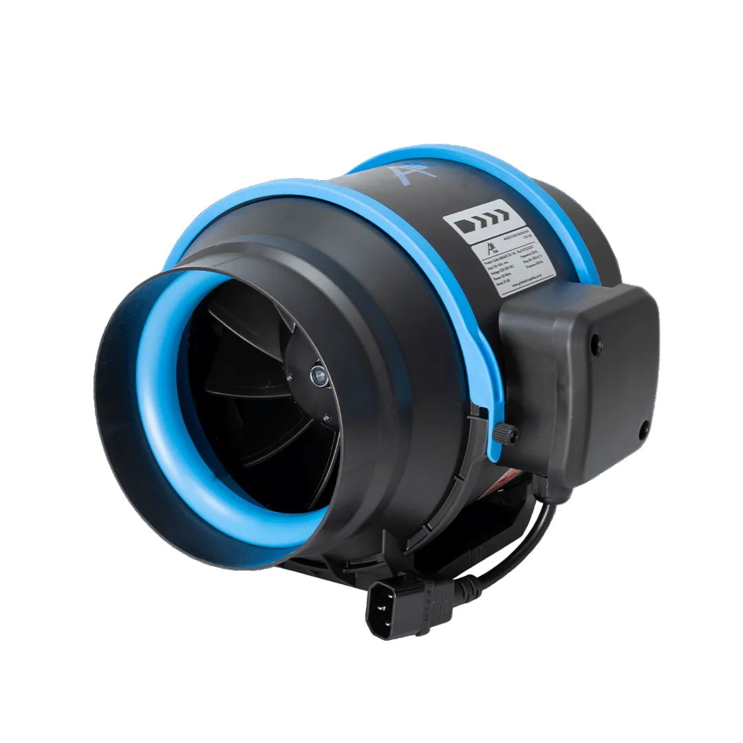 A black and blue industrial inline fan, visible fan blades inside, a side motor housing, and an attached power connector cable, shown on a plain white background.
