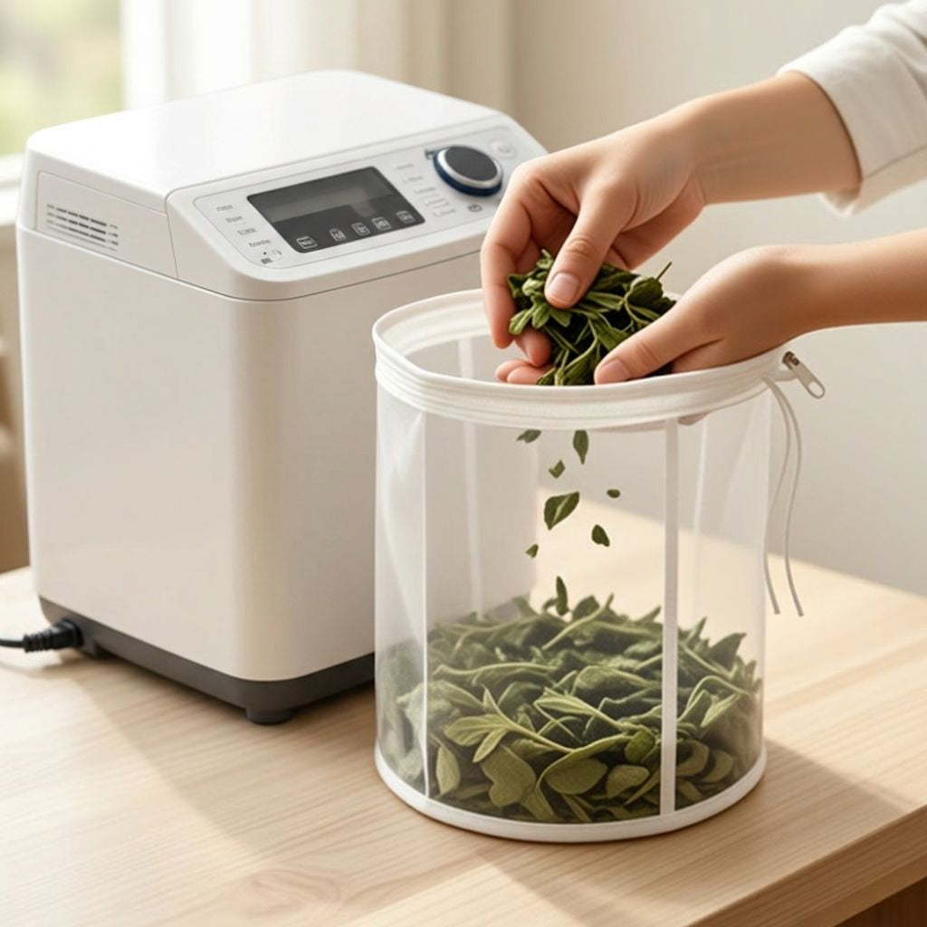 Person transferring dried herbs from a clear container into a bubble hash wash bag