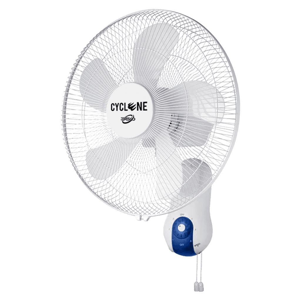 A white wall-mounted Cyclone wall fan with a blue control button on the wall mount, shown against a plain white background.