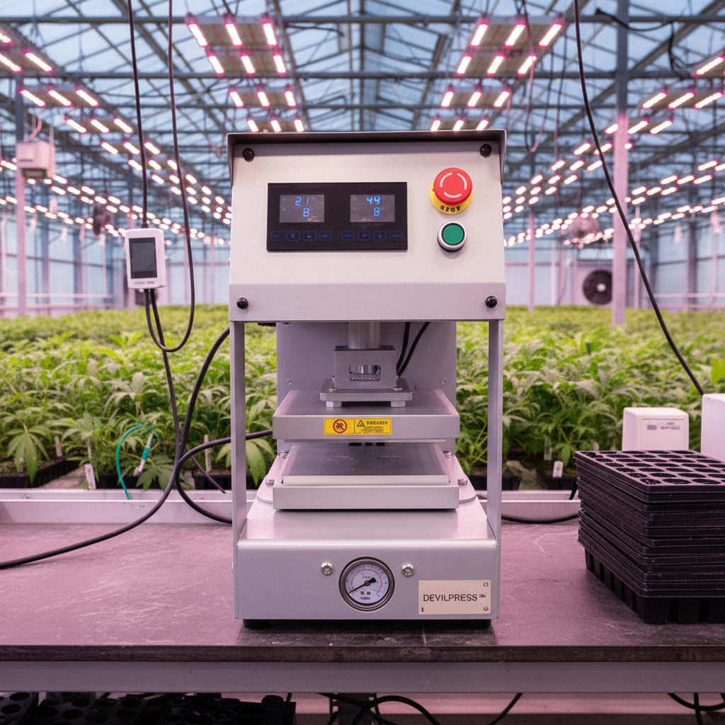 Front view of the Devil Press S10 20T Automatic Rosin Press featuring dual heat plates and 20 tons of hydraulic pressure.