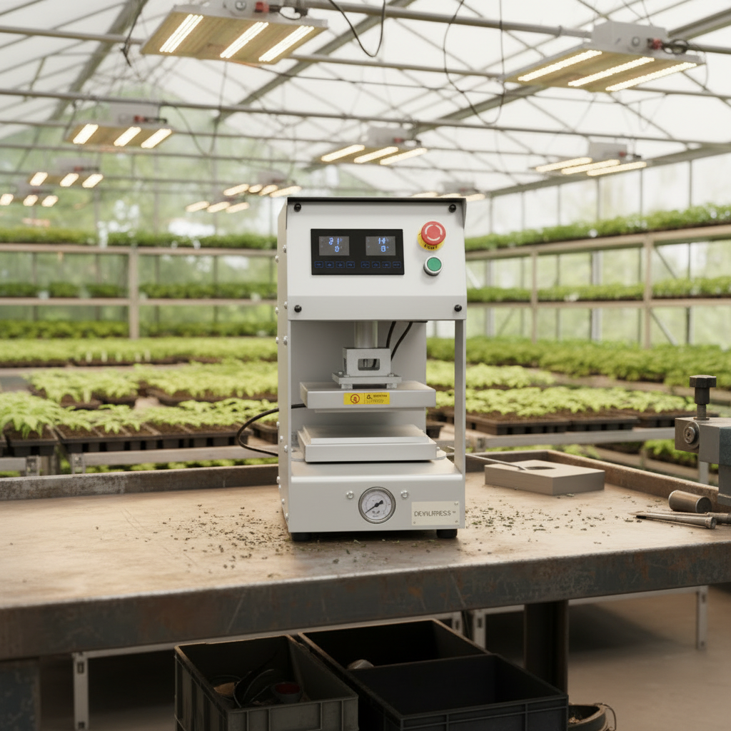 Front view of the Devil Press S10 20T Automatic Rosin Press featuring dual heat plates and 20 tons of hydraulic pressure.