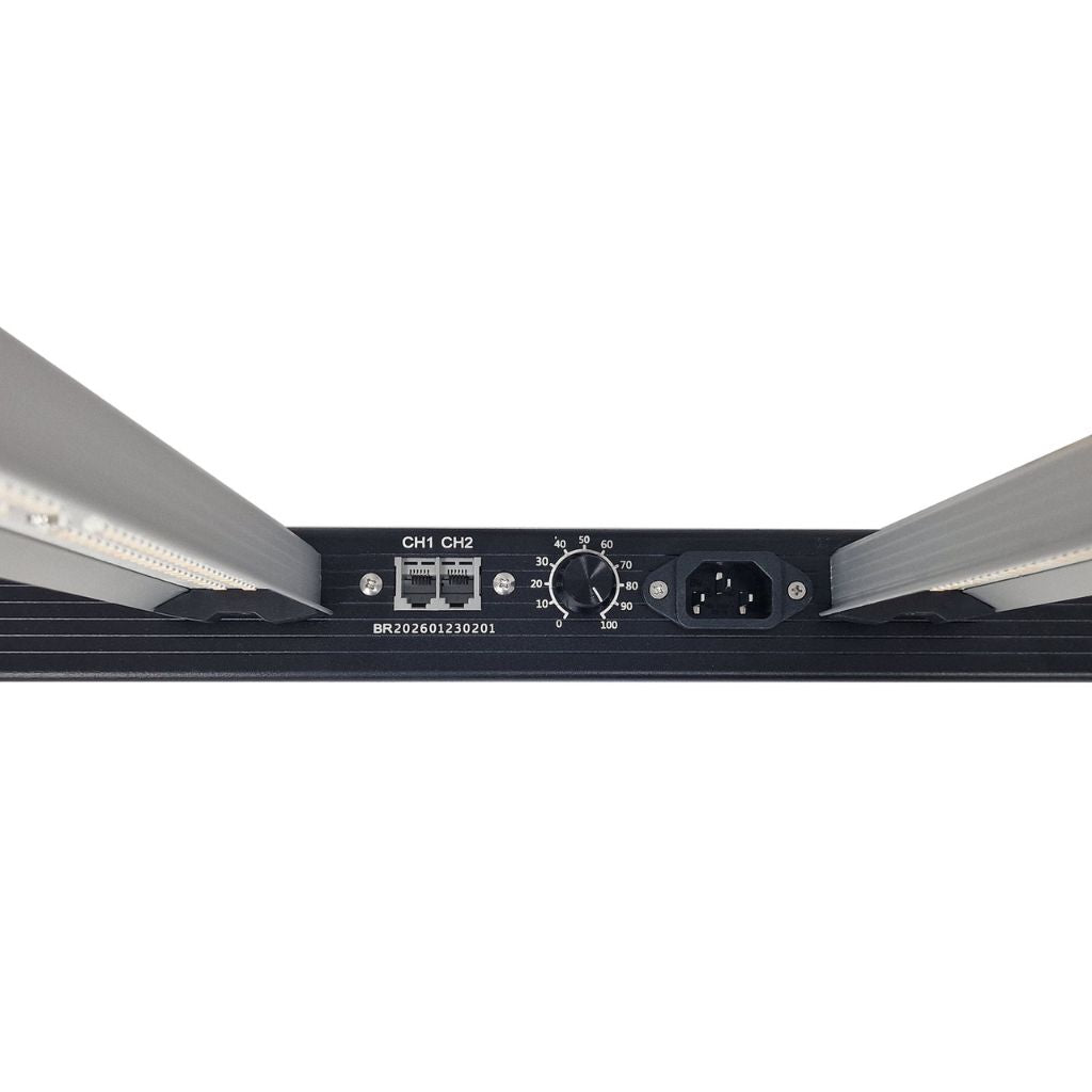 Back view of a Elite 720w Pro LED light bar with connectors and control knobs on a white background