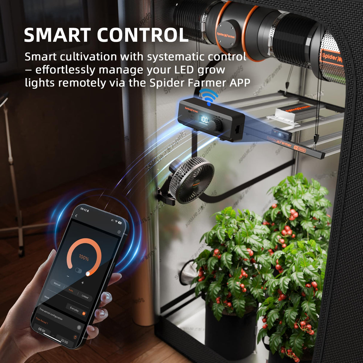 Smart control system for LED grow lights with smartphone app interface, indoor plants, and Spider Farmer branding.