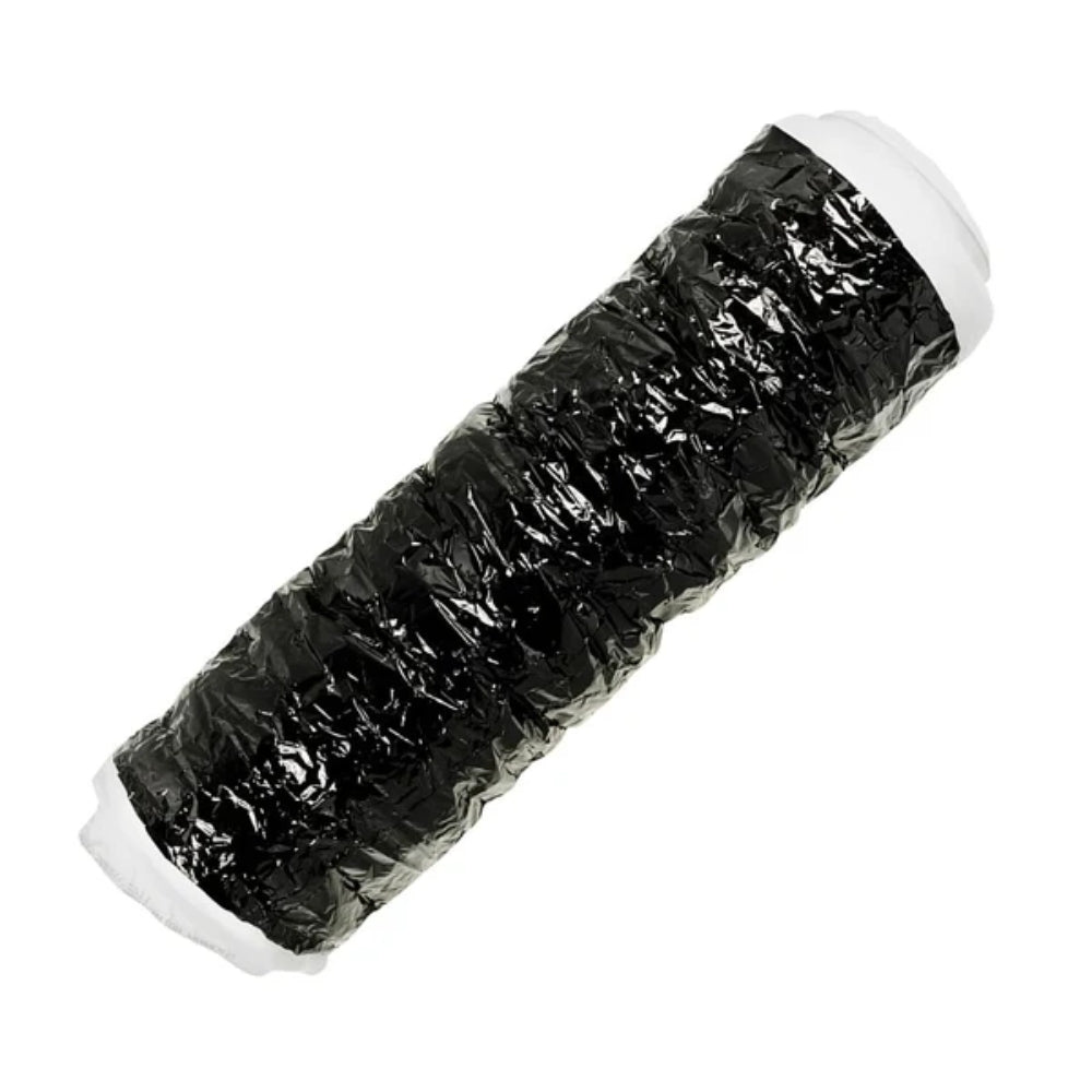 A black flexible PhonicTrap duct tube with a textured, crinkled exterior and a white ribbed interior, shown on a plain white background.