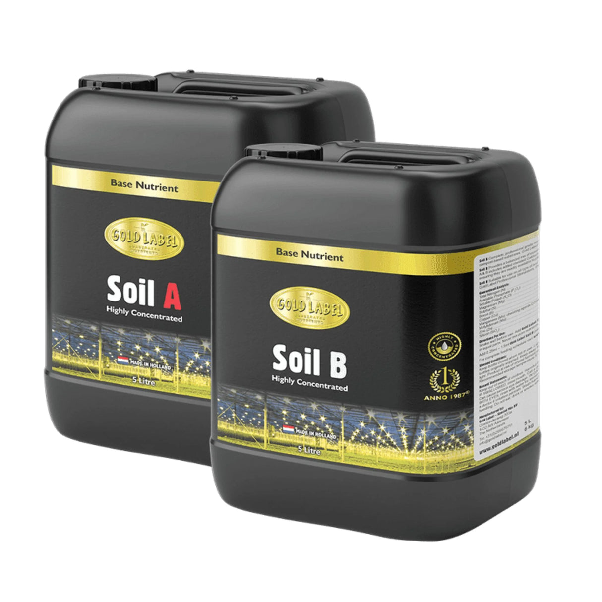 Two black containers labeled 'Soil A' and 'Soil B' with Gold Label branding on a white background.