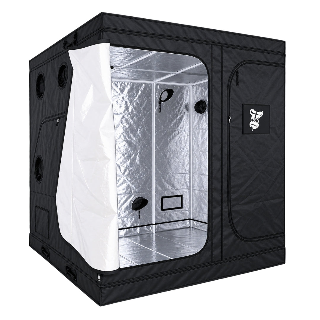 A black GorillaBox Deluxe grow tent measuring 2m-2m-2.2m with a reflective silver interior, shown with the front door partially open. The tent features a zippered side pocket with a small gorilla logo patch and ventilation holes on the side.