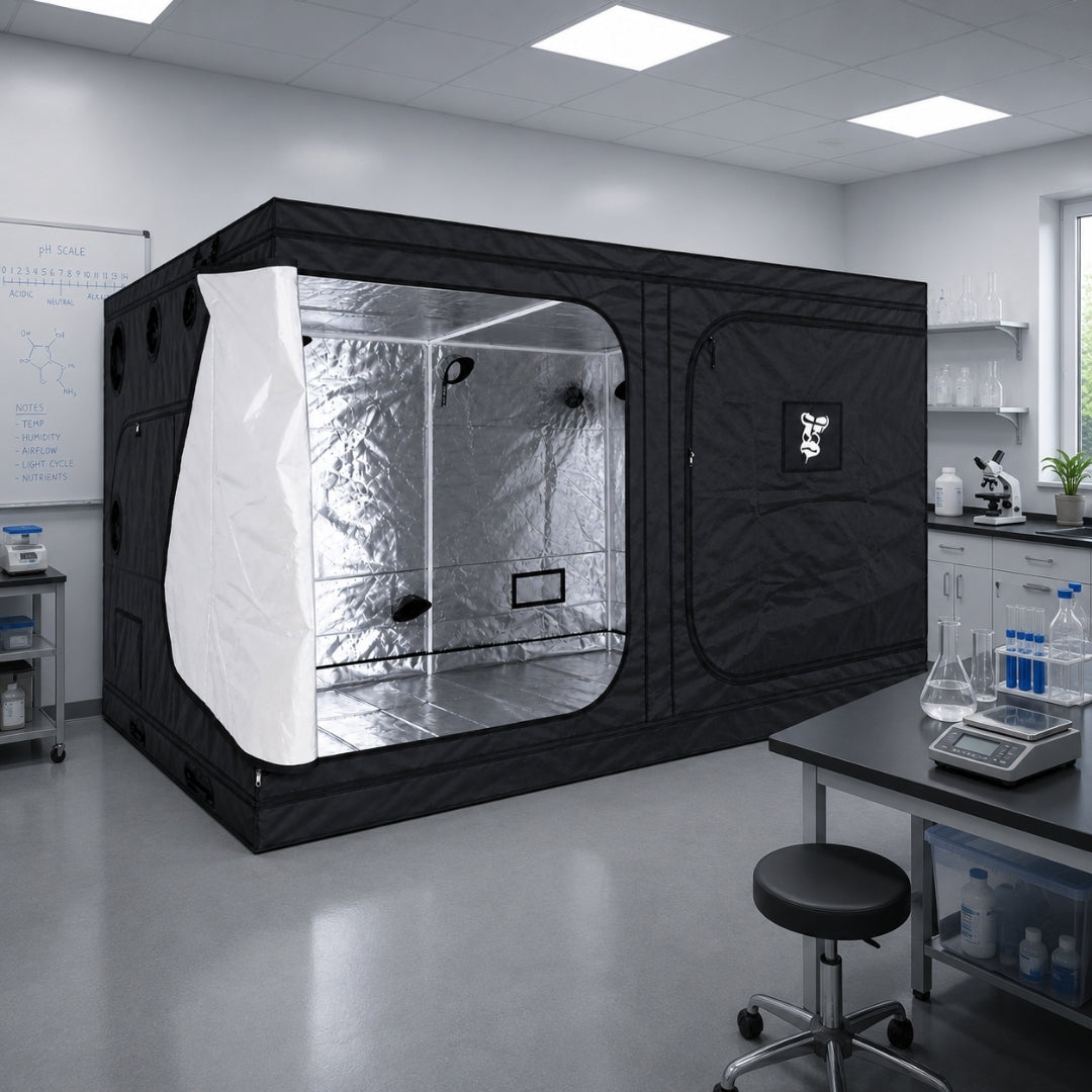 A black GorillaBox Deluxe grow tent measuring 4m-3m-2m with a reflective silver interior and a white front flap, set up in a clean laboratory or studio space with tables, cabinets, and equipment visible.
