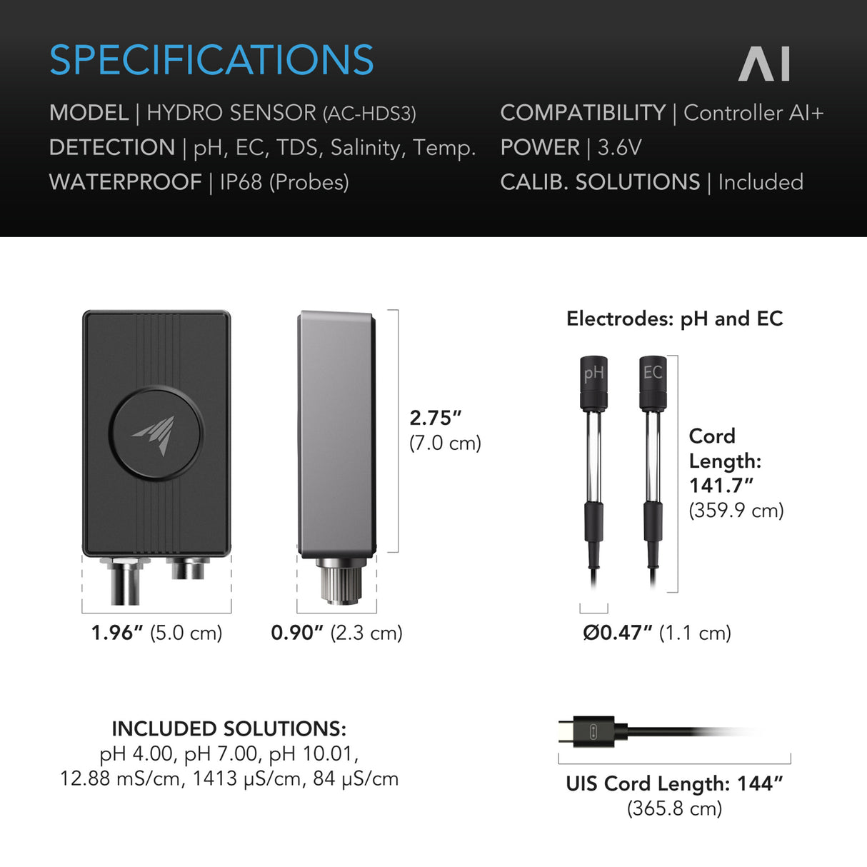 AC Infinity AI Hydro Sensor, for pH, EC, TDS and Water Temp