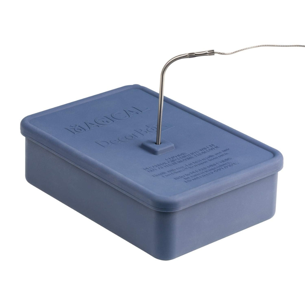 Blue rectangular container with a lid and metal thermometer probe on a white background