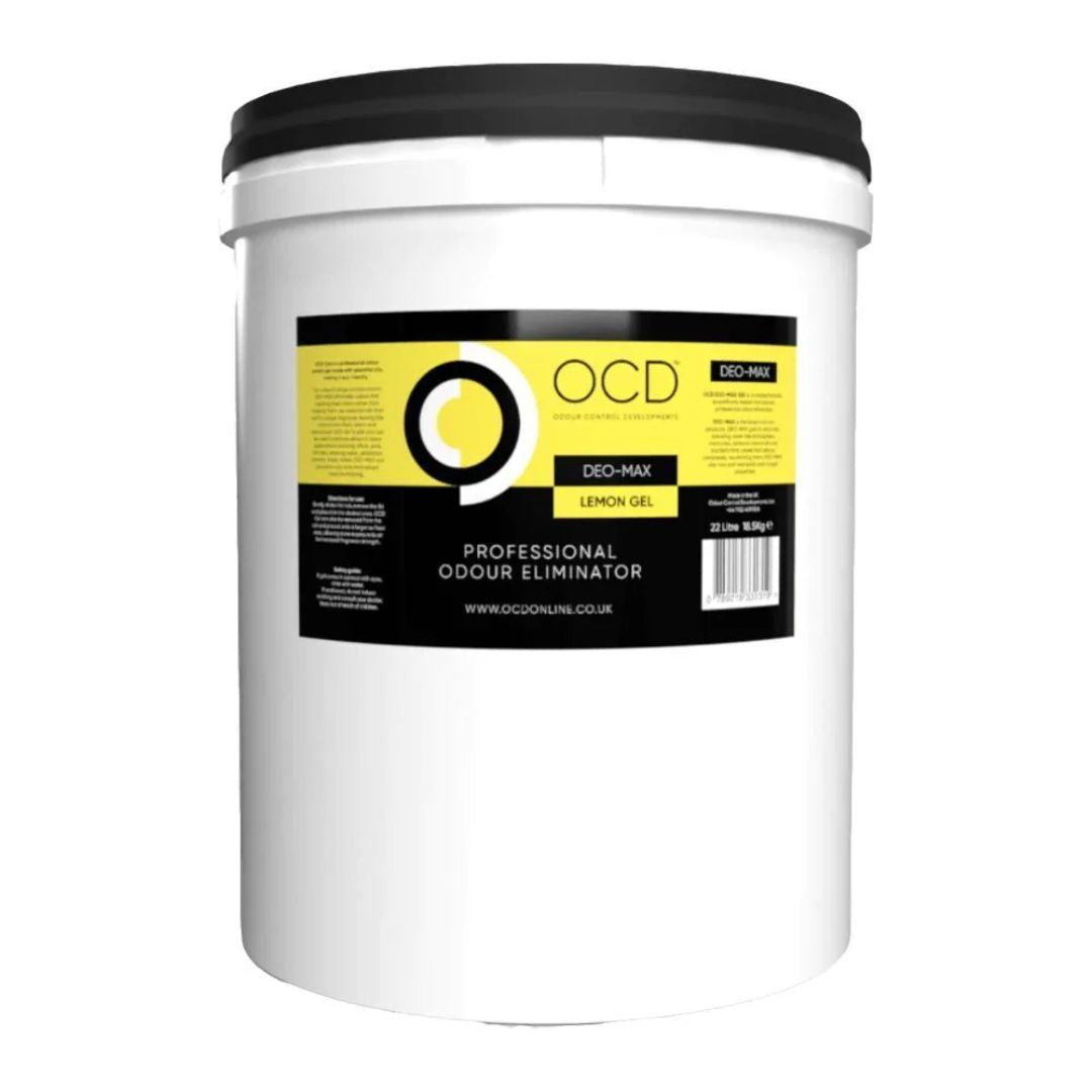 OCD-lemon-Gel-22-litre Professional Odour Eliminator in Lemon, featuring a black lid and a yellow and black label.