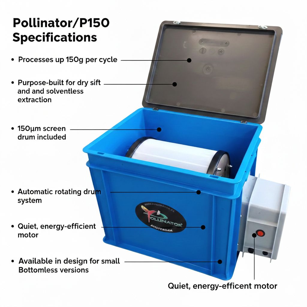 Blue Pollinator/P150 machine with specifications listed on a white background