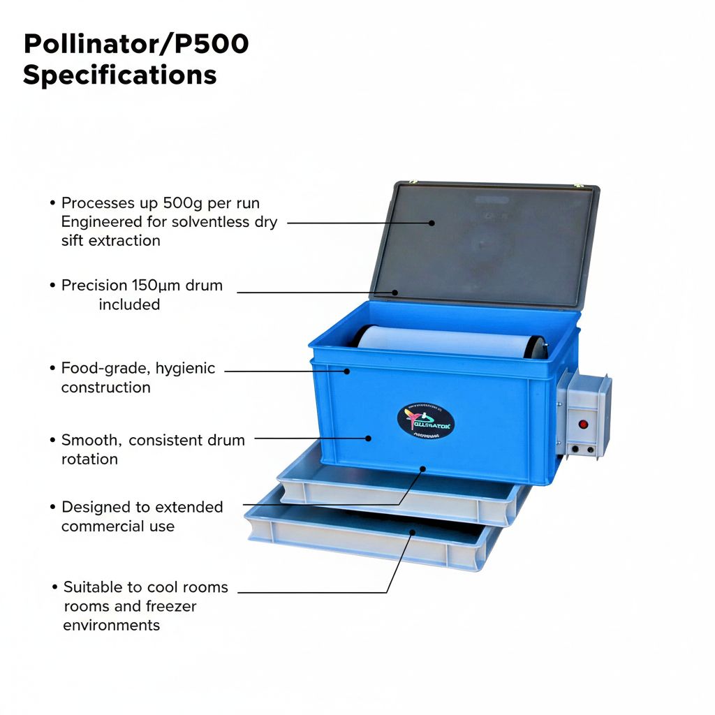 Blue machine labeled 'Pollinator/P500' with specifications listed on a white background