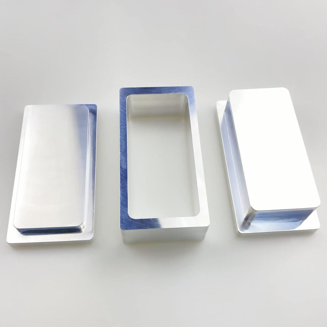 brushed metal 2" x 4" rosin pre-press mould on a white background