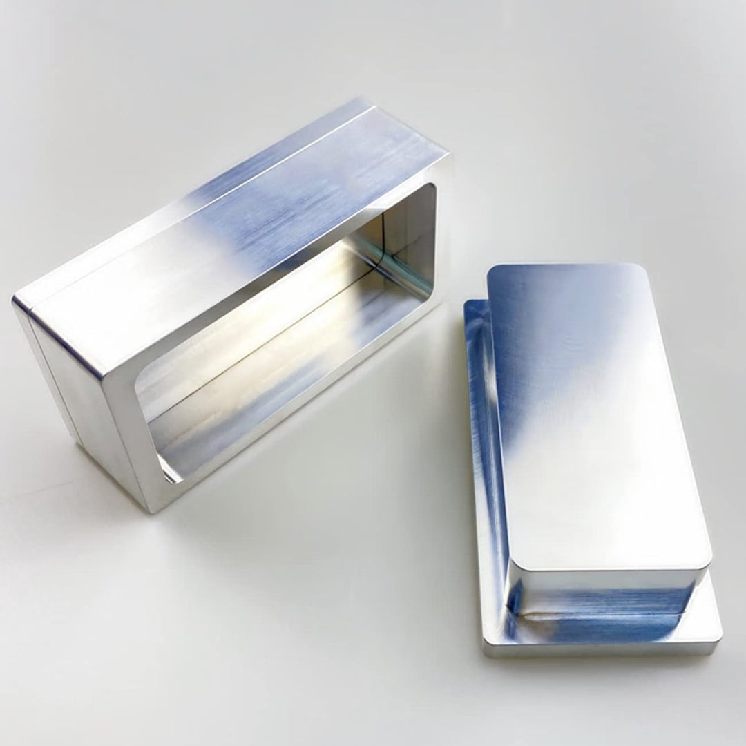 brushed metal 2" x 4" rosin pre-press mould on a white background