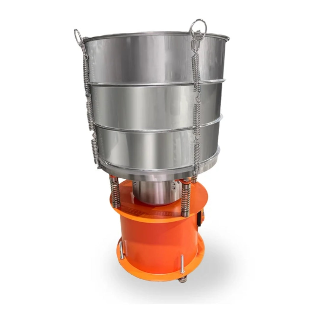 A Sambo Creek - Plasmatic Sift Screening Kit, featuring a large stainless steel cylindrical container mounted on a bright orange base unit
