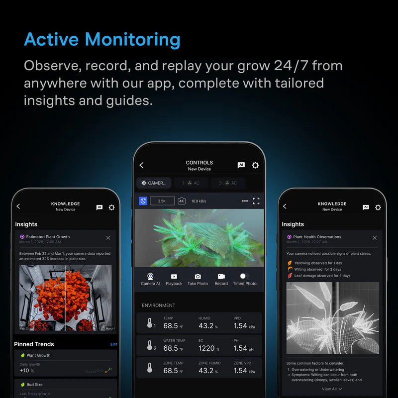 Smartphone app interface for active monitoring of plant growth with insights and guides.