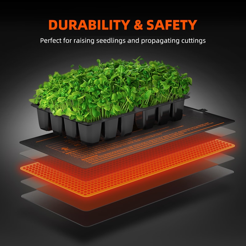 Spider-Farmer heat mat with a tray of green seedlings on it with 'Durability & Safety' text.
