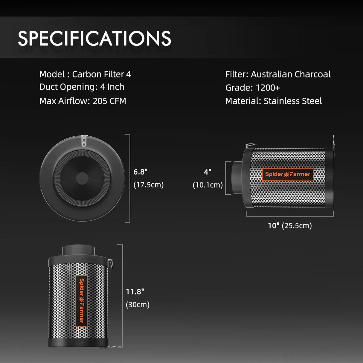 Carbon Filter 4 specifications with dimensions and material details on a black background