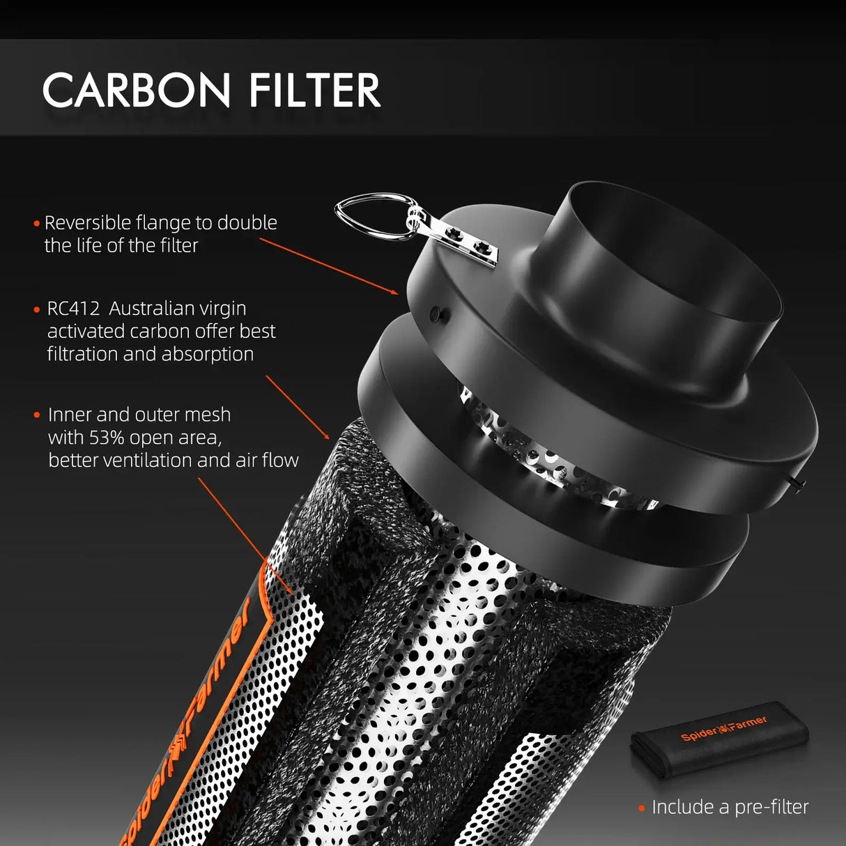 Carbon filter with features highlighted on a dark background