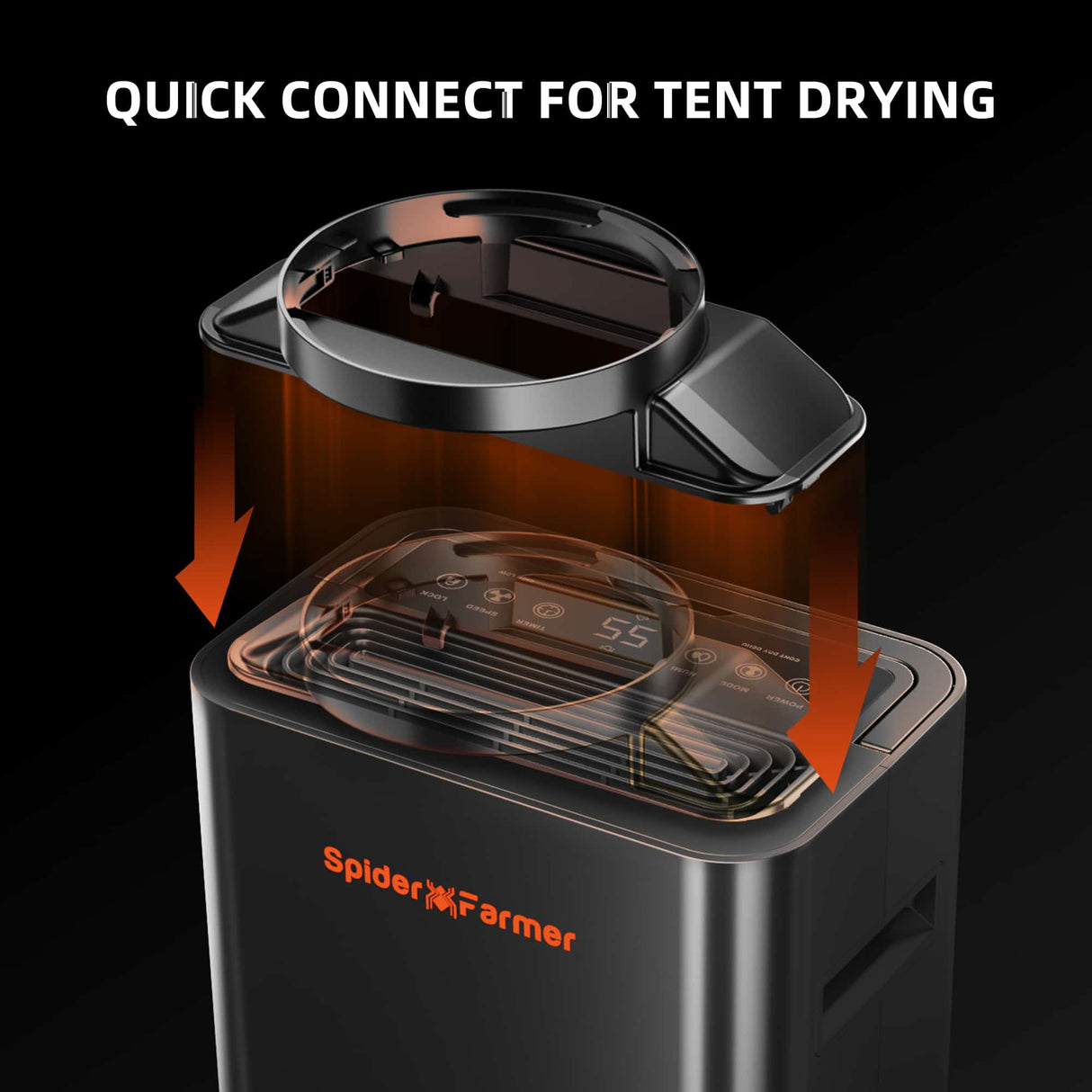 Spider Farmer black tent dryer with Spider Farmer logo and text 'Quick Connect for Tent Drying' on a black background.