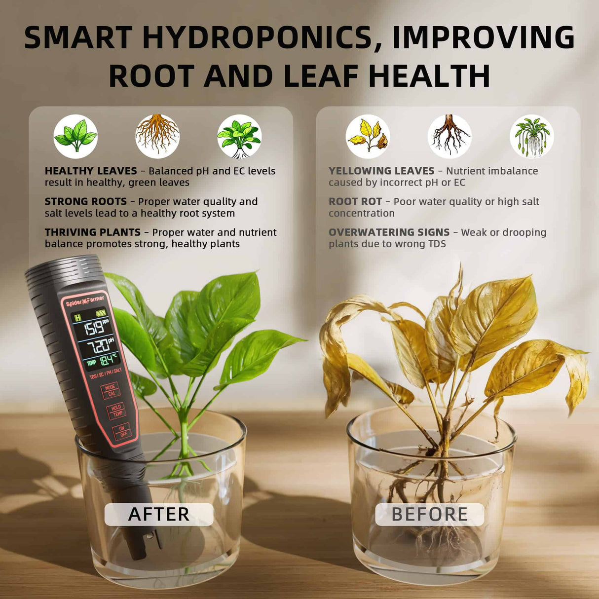 Spider Farmer Smart hydroponics illustration with two plants, one healthy and one with yellow leaves, on a wooden surface.