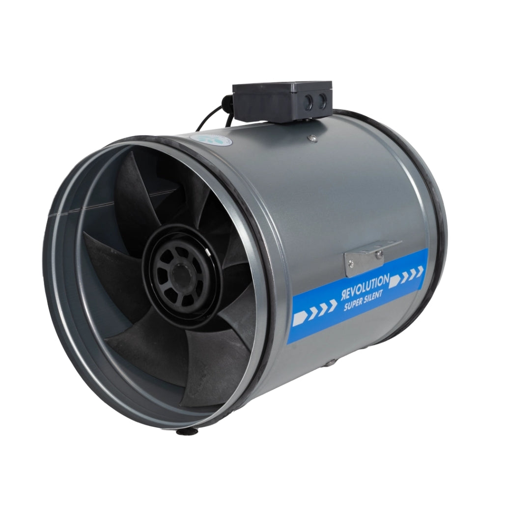 A Systemair Revolution Super Silent Vector EC Fan 315mm inline duct fan with a gray metal housing, black internal fan blades, and a blue and white REVOLUTION Super Silent label on the side.