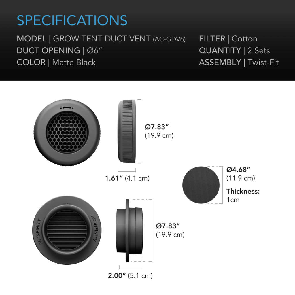 AC Infinity Light-Blocking & Dust-Resistant Duct Vent Attachment - 2 Pack