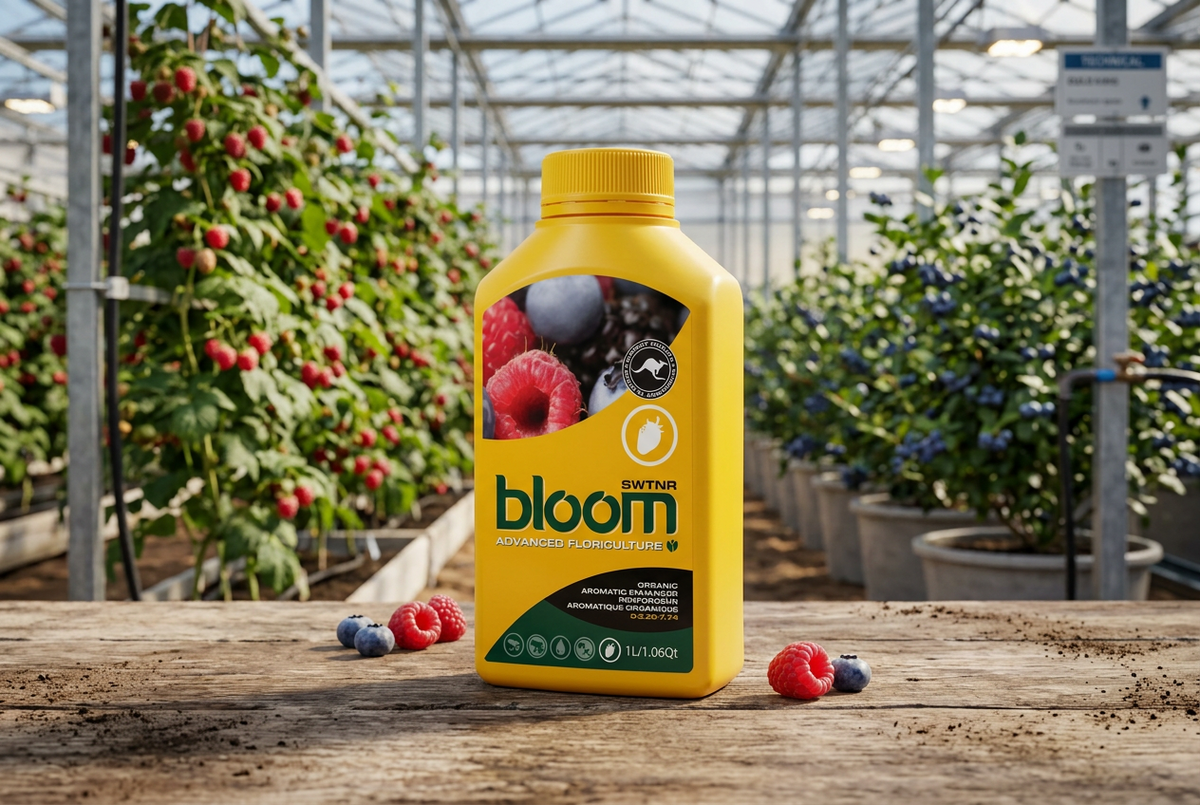A yellow bottle of bloom SWTNR, displayed on a wooden table inside a greenhouse with berry plants in the background.