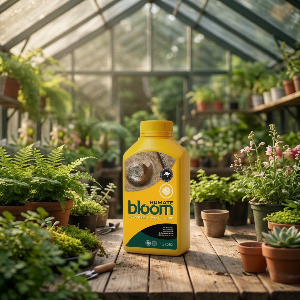A yellow bottle of Humate Bloom fertilizer stands on a wooden table inside a sunlit greenhouse surrounded by potted plants and flowers.