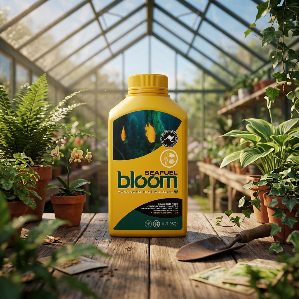 A yellow bottle of Seafuel Bloom seaweed-based plant growth promoter stands on a wooden table inside a sunlit greenhouse surrounded by potted plants.