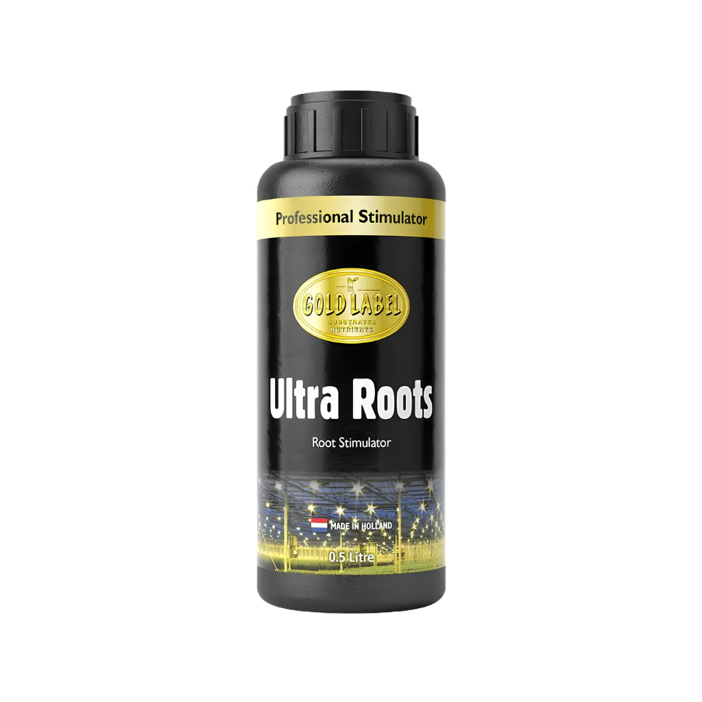 Black bottle of Ultra Roots root stimulator with a gold label on a white background