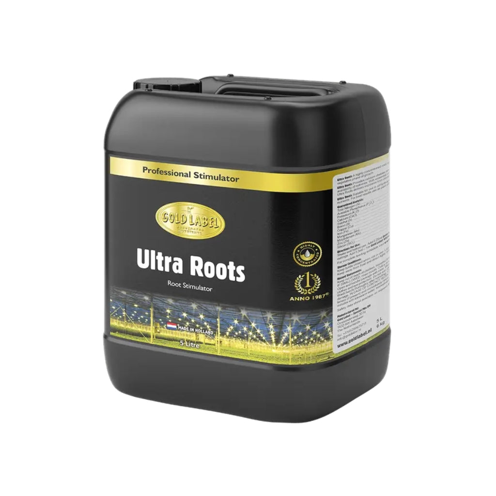 Black container labeled 'Ultra Roots' with a gold label on a white background