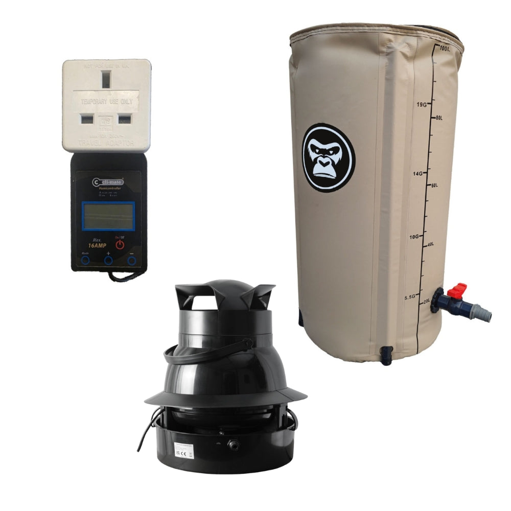 A three-piece humidifier kit including a black electric humidity unit, a black digital control box with a power outlet, and a beige flexible water tank with a black gorilla logo and measurement markings.