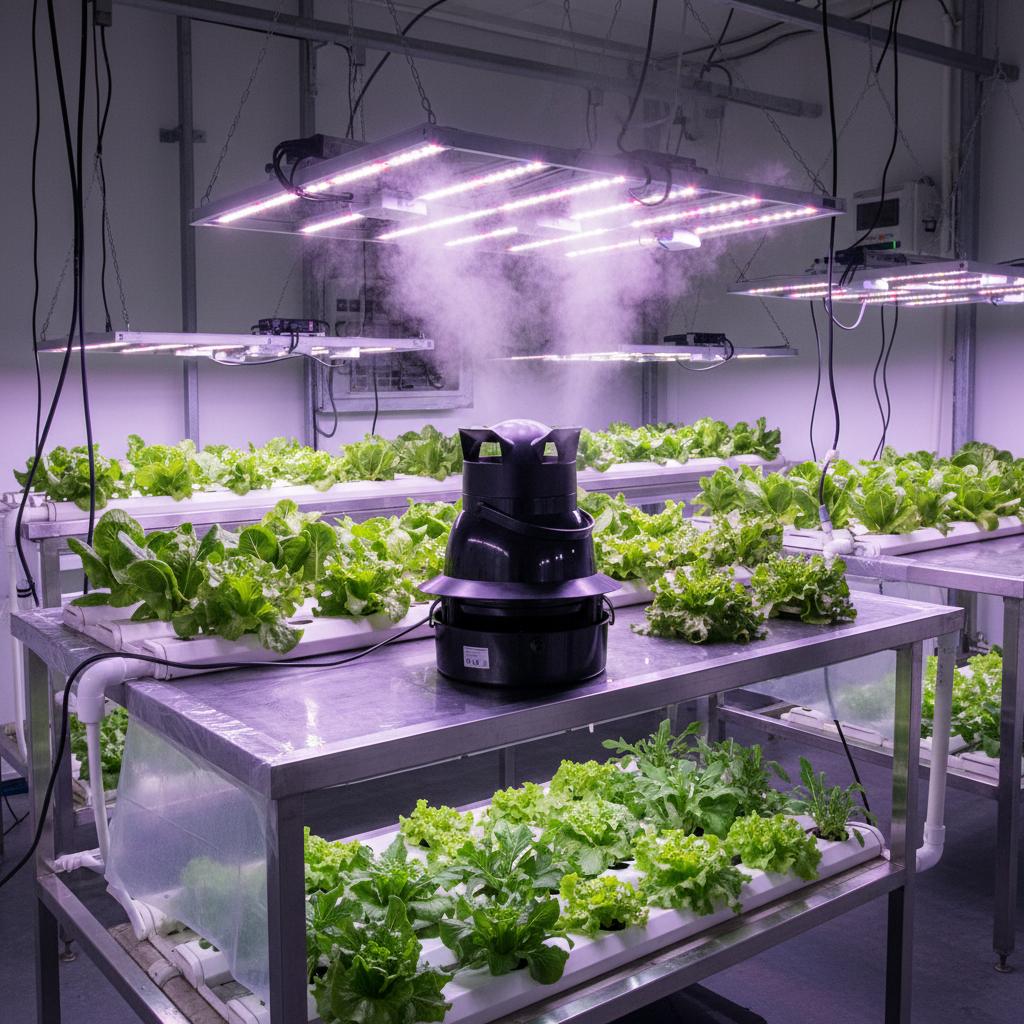 A black gorilla 50L centrifugal humidifier device sits on a stainless steel hydroponic table in a greenhouse, surrounded by rows of leafy green lettuce plants under bright purple LED grow lights.