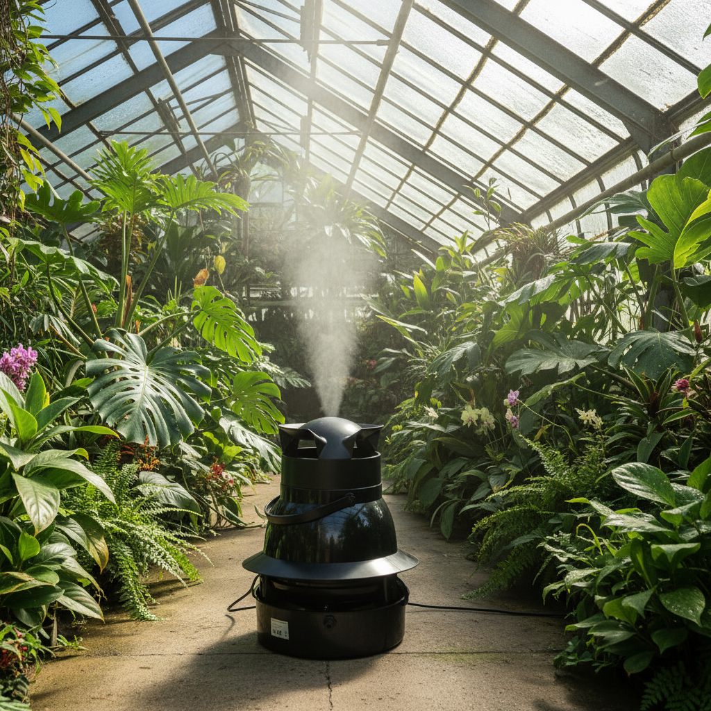 A black gorilla 50L centrifugal humidifier misting machine spraying water in a sunlit greenhouse path lined with lush green tropical plants.