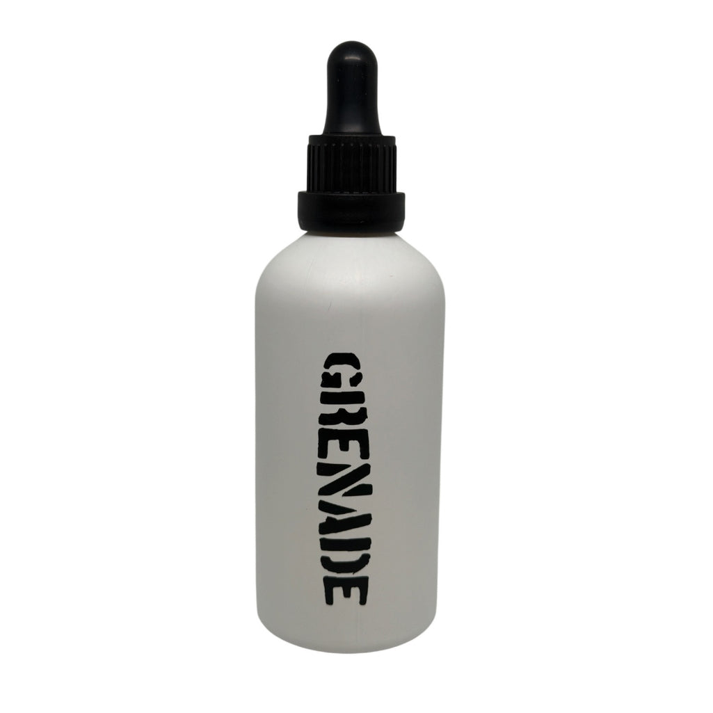 A white bottle with a black dropper cap and the word 'GRENADE' printed vertically in black on the front, isolated on a white background.