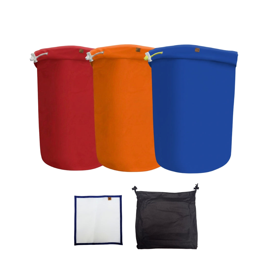 Three colorful bags (red, orange, blue) with additional small bags on a white background