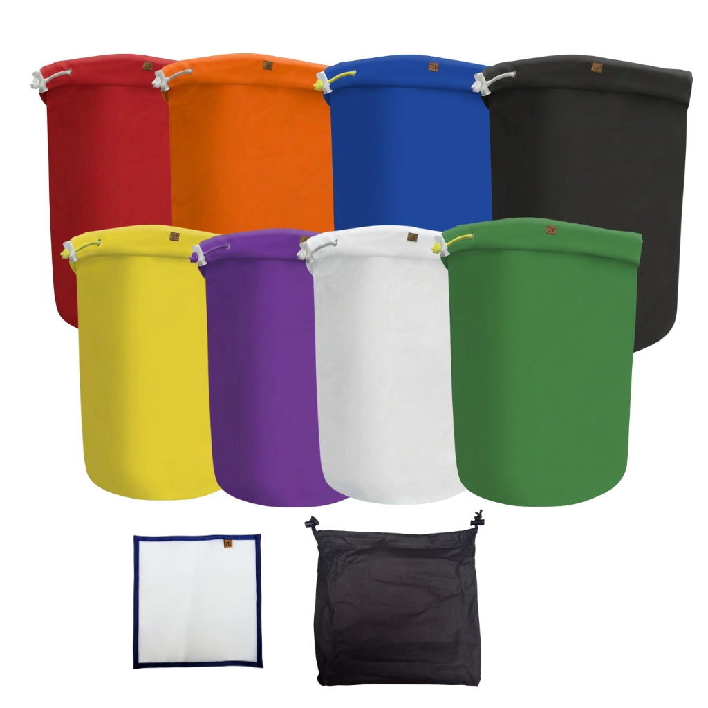 Set of colorful collapsible bags in various colors on a white background.