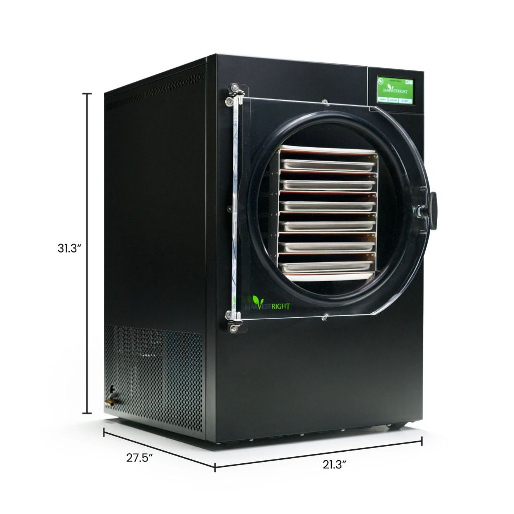 harvestright home freeze dryer Black air dryer with dimensions labeled on a white background