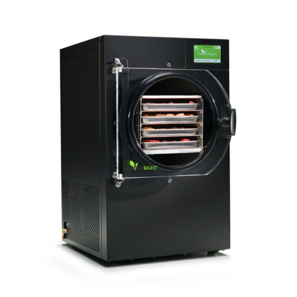 Black harvestright freeze dryer dehydrator with clear door showing interior shelves on a white background